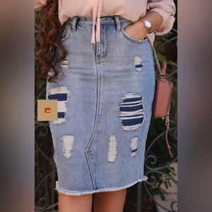 Blue Dual Denim Structured (NOT Stretchy) Distressed Denim Skirt
